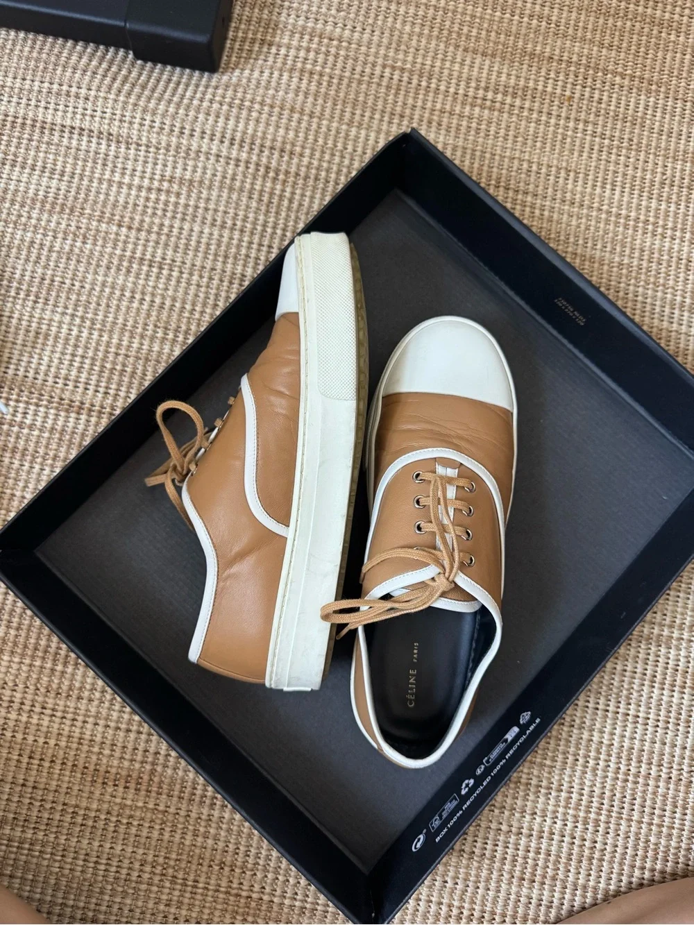 Celine Tan and White Lace-Up Sneakers